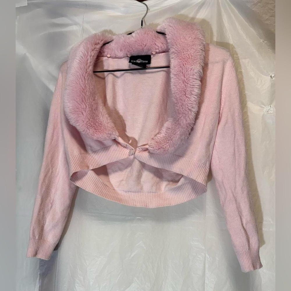 It's Our Time Blush Faux Fur Collar Sweater